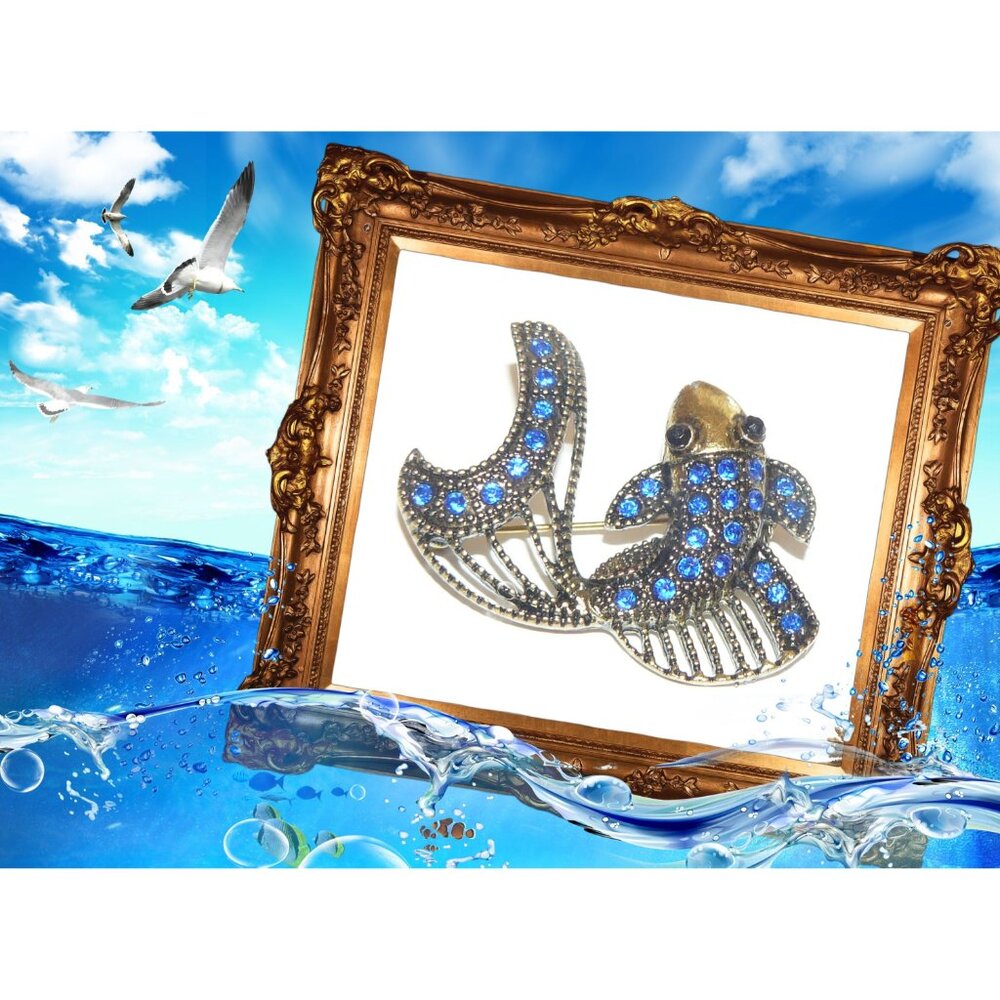 Large Statement‎ Vintage Blue Rhinestone Fish Brooch